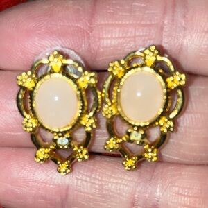 AVON Gold-Tone Pink Quartz & Rhinestone Filigree Pierced Earrings VINTAGE 1”